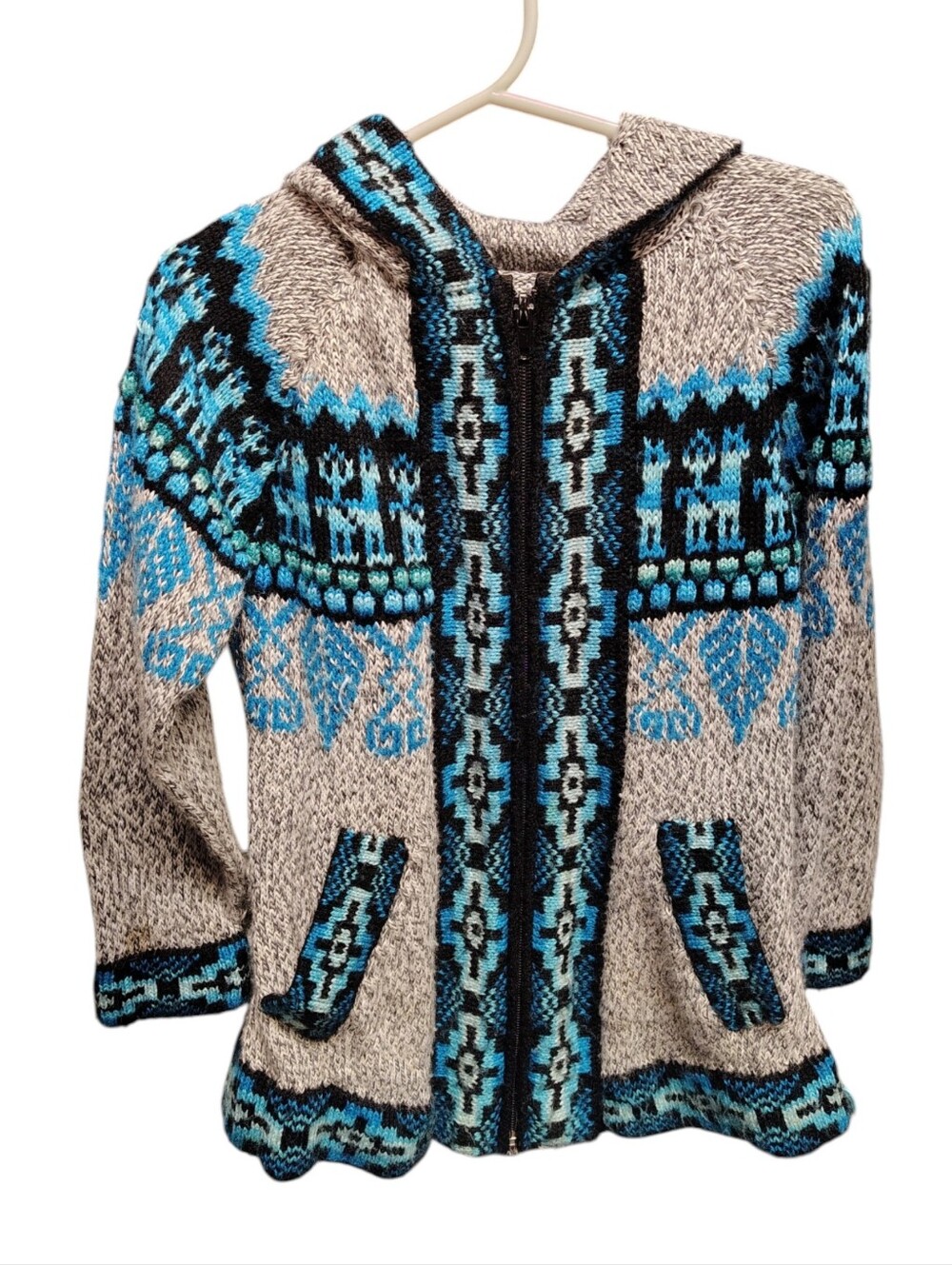 Ecologic Arts 100% Alpaca Wool Peruvian Zip Up Hooded Girl's Cardigan--Hand Knit